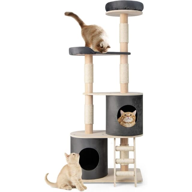 Costway Kratzbaum Holz Mehrstöckig, 161cm Katzenbaum Groß, Katzenkratzbaum Mit 2 Höhlen & Plüschsitzstange & Plattform, Aktivitätsbaum Katzenmöbel, Katzen Spielhaus, Kletterbaum Grau