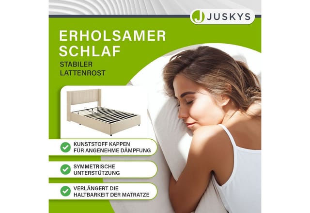 Juskys Polsterbett Savona 140x200 cm - Bett mit Stauraum, Lattenrost, Samt-Bezug - Bettgestell aus Holz, bis 250 kg, großes Kopfteil - Beige