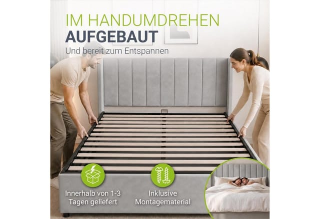 Polsterbett Savona 140x200 cm - Bett mit Stauraum, Lattenrost, Samt-Bezug - Bettgestell aus Holz, bis 250 kg, großes Kopfteil - Hellgrau - Juskys