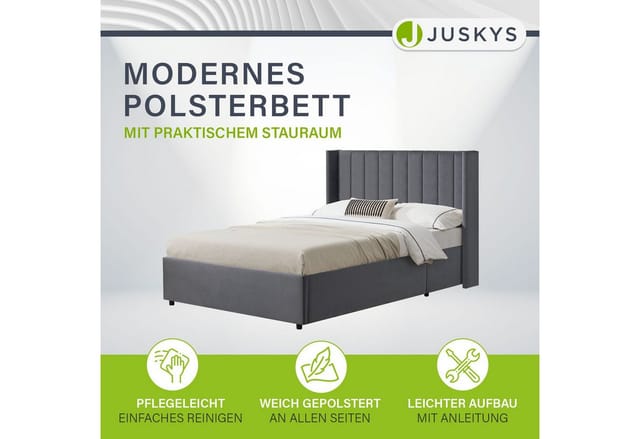 Polsterbett Savona 120x200 cm mit Matratze - Bett mit Stauraum, Samt-Bezug - Bettgestell aus Holz, bis 250 kg, großes Kopfteil - Dunkelgrau - Juskys