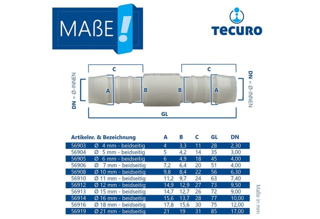 Schlauchverbinder Tülle ø 7 mm - Nylon weiß - Tecuro