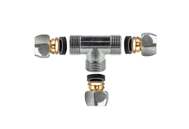 tecuro Quetschverschraubung, T-Stück, für Ø 10 mm Kupferrohr, Messing verchromt
