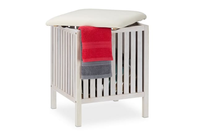 Wäschekorb mit Sitz, Badhocker, Landhausstil, 40 l Wäschesammler, Holz & Stoff, HxBxT: 53 x 41 x 41 cm, weiß - Relaxdays