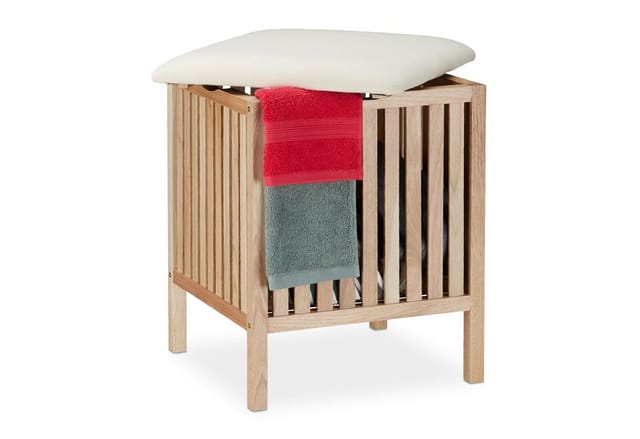 Wäschekorb mit Sitz, Badhocker mit Stauraum, 40 l Wäschesammler, Holz/Stoff, hbt: 51 x 41 x 41 cm, natur/weiß - Relaxdays