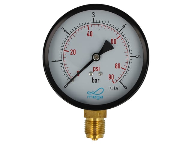 MEGA Druckmanometer 0 - 6 bar - 1/2 Zoll Anschluss nach unten Radial Ø 100 mm