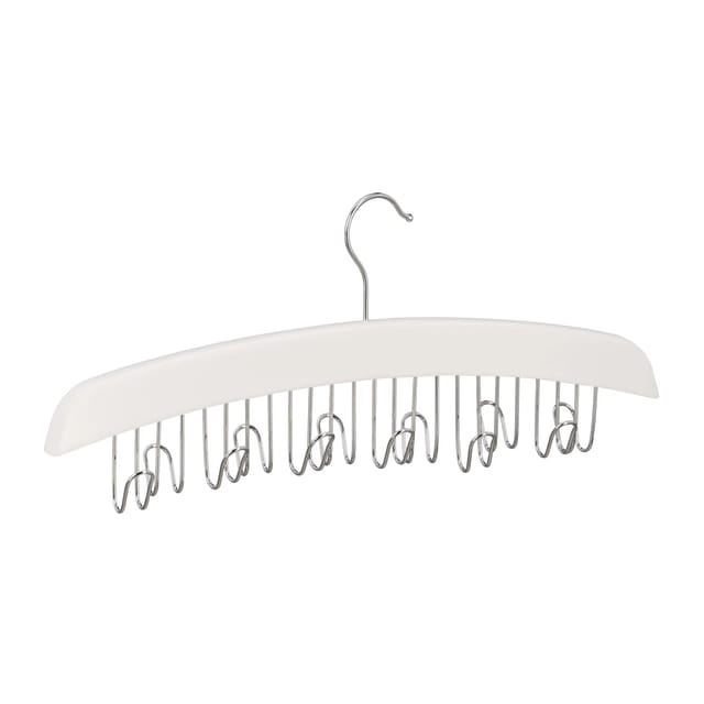 Relaxdays Gürtelhalter Kleiderschrank, Haken für 12 Gürtel, 360° drehbarer Haken, Lotusholz, 17,5x43x5,5 cm, weiß/silber