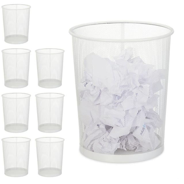 8 x Papierkorb, Büro & Jugendzimmer, offen, rund, Drahtgeflecht, Papiermülleimer, Metall, HxD: 35 x 29,5 cm, weiß