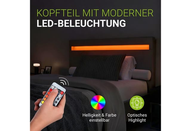 Juskys Polsterbett Verona – Bettgestell mit LED-Beleuchtung, Lattenrost & Kopfteil – Bett aus Holz & Webstoff– Jugendbett 90 x 200 cm in Grau