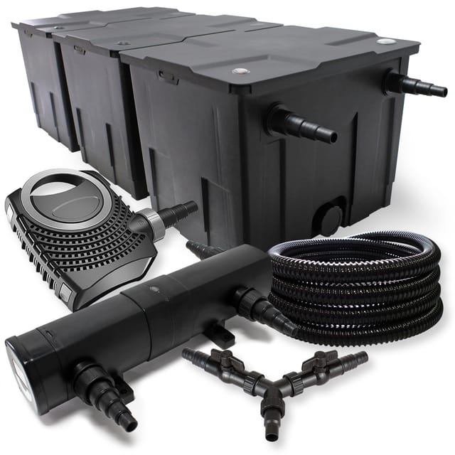 Sunsun Komplettset: Cbf-350c Teichfilter Bis 90000 L Teichfilteranlage Durchlauffilter, Neo10000 Teichpumpe 10000l/h 80w, Cuv-218 Teichklärer Uvc Klärer Mit 18w, 25m Teichschlauch 25 Mm, Y-verteiler