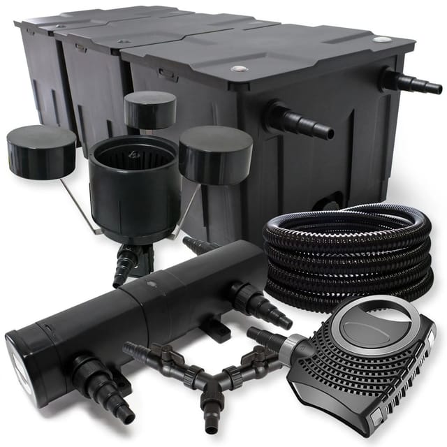 Sunsun Komplettset: Cbf-350c Teichfilter Bis 90000 L Teichfilteranlage, Neo10000 Teichpumpe 10000l/h 80w, Cuv-224 Teichklärer 24w, 25m Teichschlauch 25 Mm, Csp-250 Skimmer 2500l/h 45w, Y-verteiler