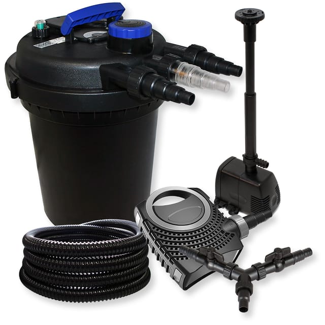 SunSun Komplettset: CPF-250 Teichdruckfilter bis 10000L Teich mit 11W Teichklärer, NEO10000 Teichpumpe 10000l/h 80W, 25m Teichschlauch 25 mm (1"),