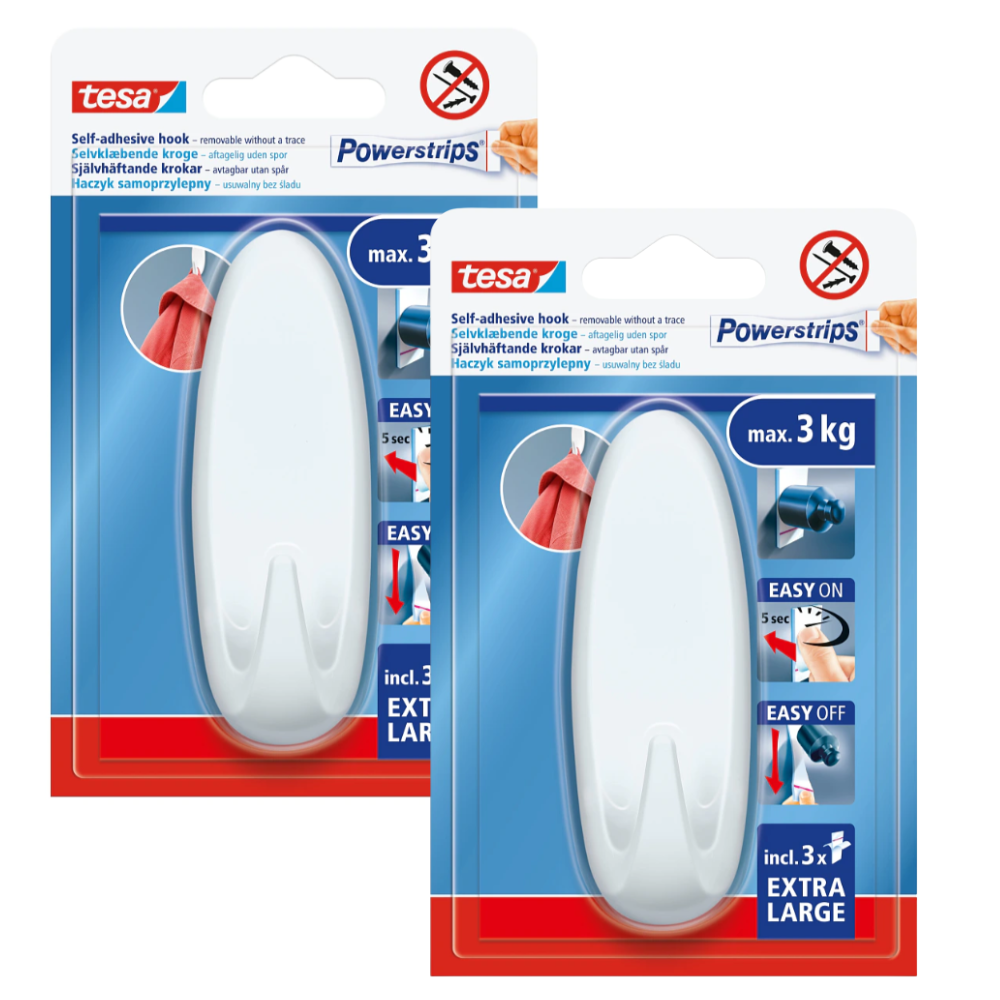 Tesa Selbstklebender Kleiderhaken, Groß, Oval, Weiß, Wiederverwendbar, Bis 3 Kg, 2 Stück