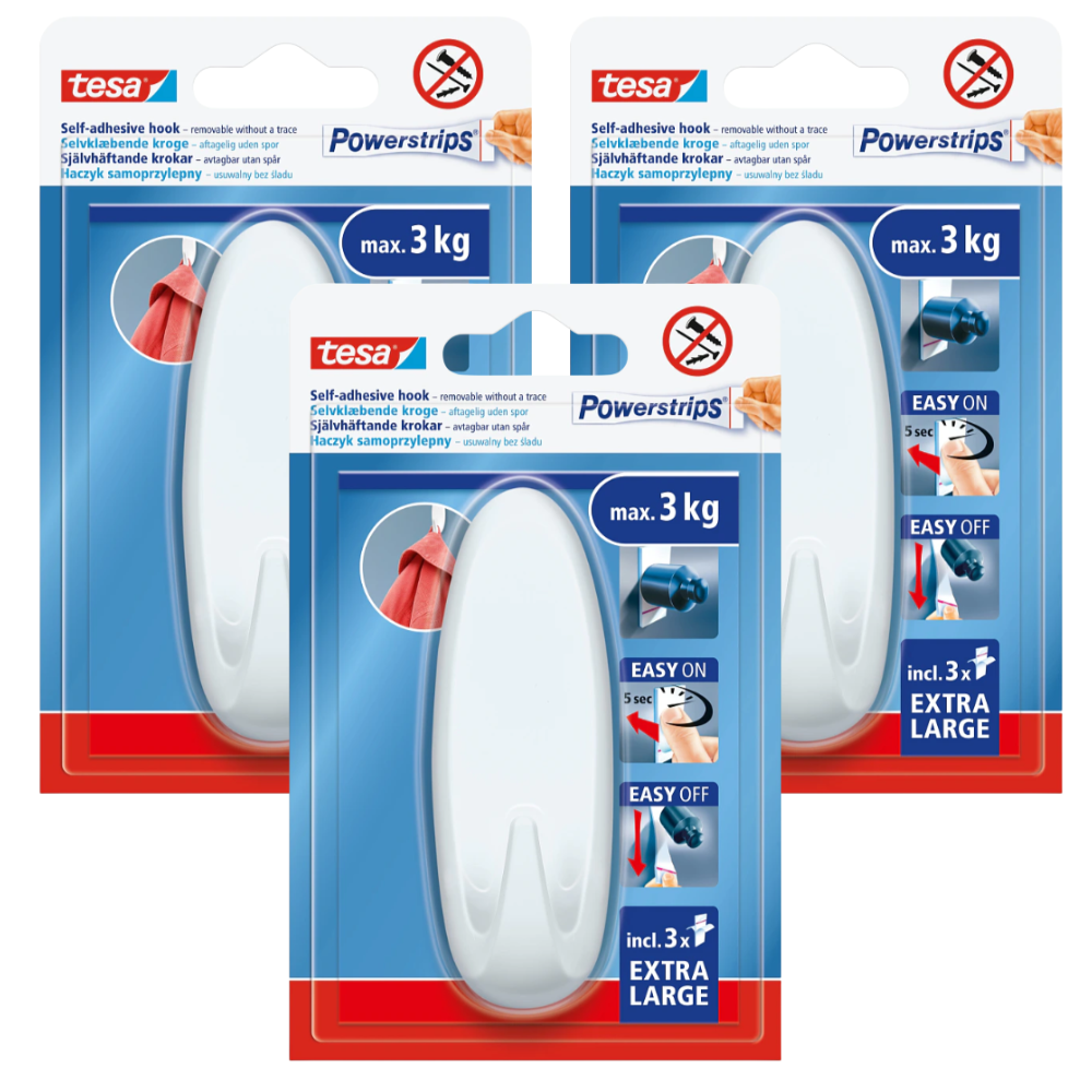 Tesa Selbstklebender Hakenaufhänger, Groß, Oval, Weiß, Wiederverwendbar, Bis 3 Kg, 3 Stück