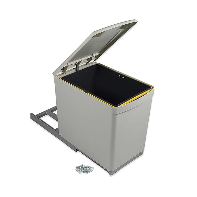 RecyclingRecyclingbehälter für Bodenbefestigung und manuellen Auszug in der Küchenzeile 1 x16 Liter und Automatikdeckel, Kunststoff, Grau - Emuca