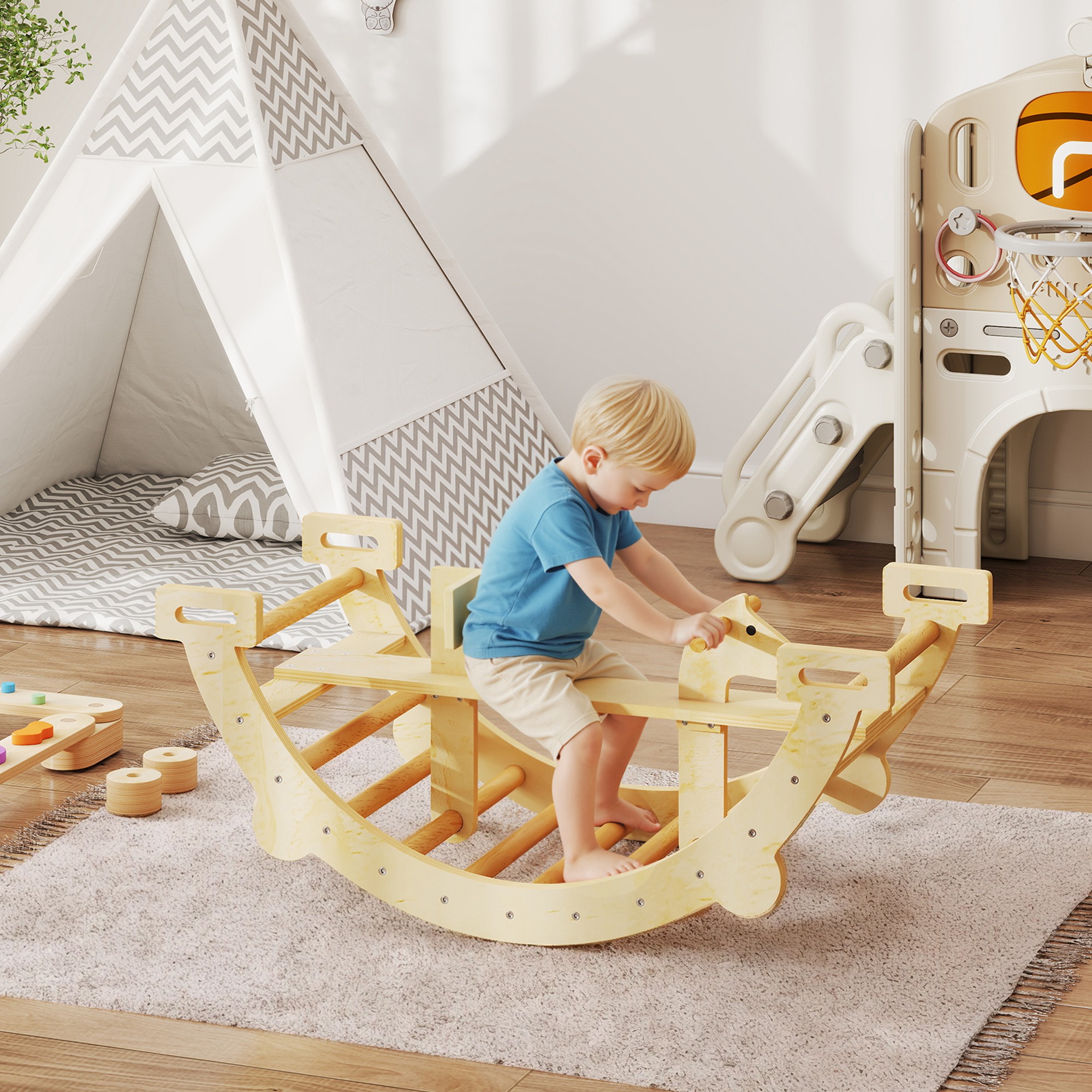 2-in-1 Kletterbogen Und Schaukelpferd Aus Holz – Montessori-kletterstruktur Für Kinder Von 2–4 Jahren – Naturholz
