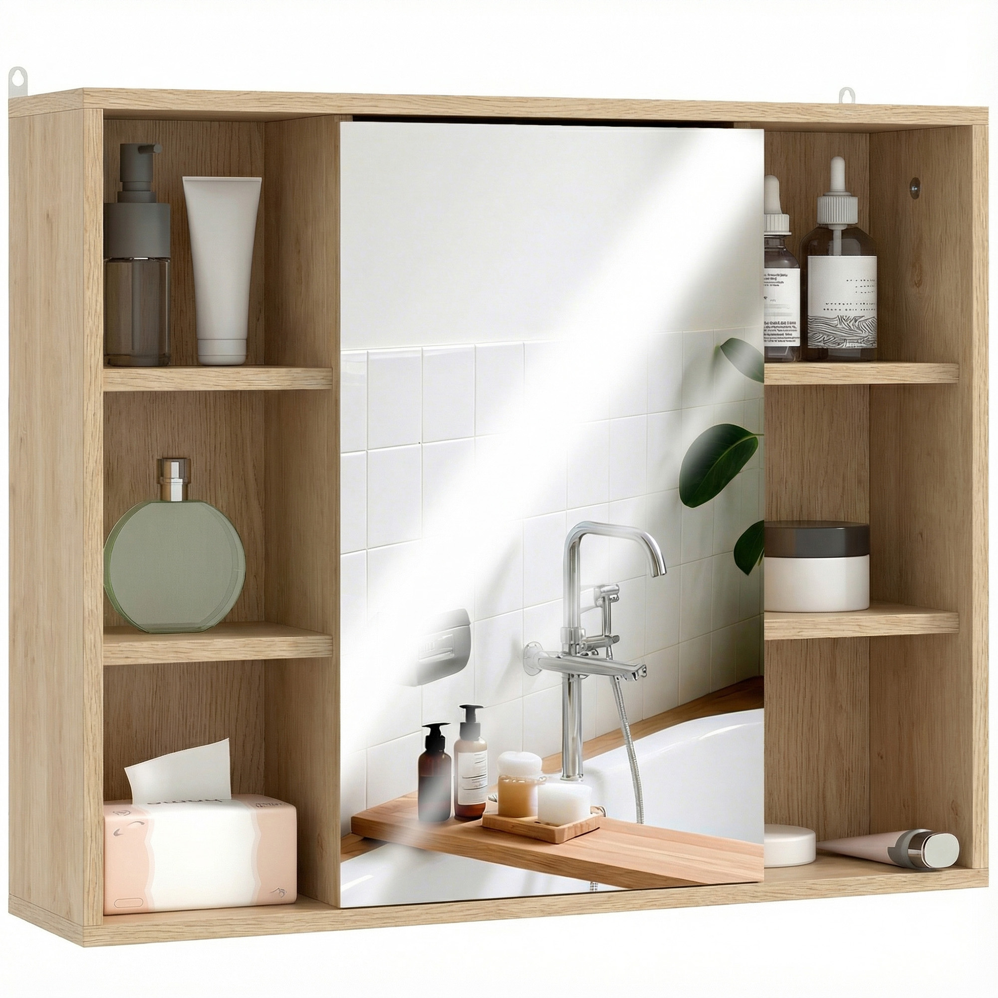 Badezimmerschrank Mit Spiegel, Schrank Mit Türen Und 6 Offenen Fächern, 60 X 14,5 X 49,4 Cm, Naturholz