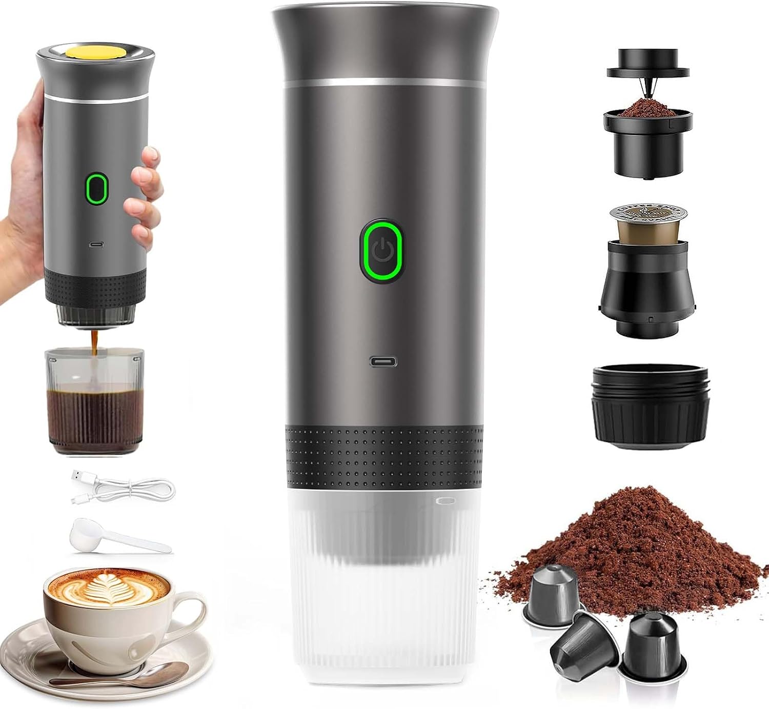 [french Days]machine À Café Portable De Voyage,chauffage Rapide 3 En 1 Cafetiere Portable 12v, Auto-chauffage De 4 À 6 Minutes, Grandes Capsules, Café Moulu, Pour Le Camping, Bureau, Maison, Voiture