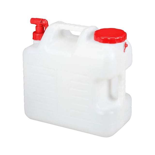 Relaxdays Wasserkanister mit Hahn, Schraubdeckel, Trinkwasserkanister Camping, 20l Tank, BPA-frei, Kunststoff, weiß-rot