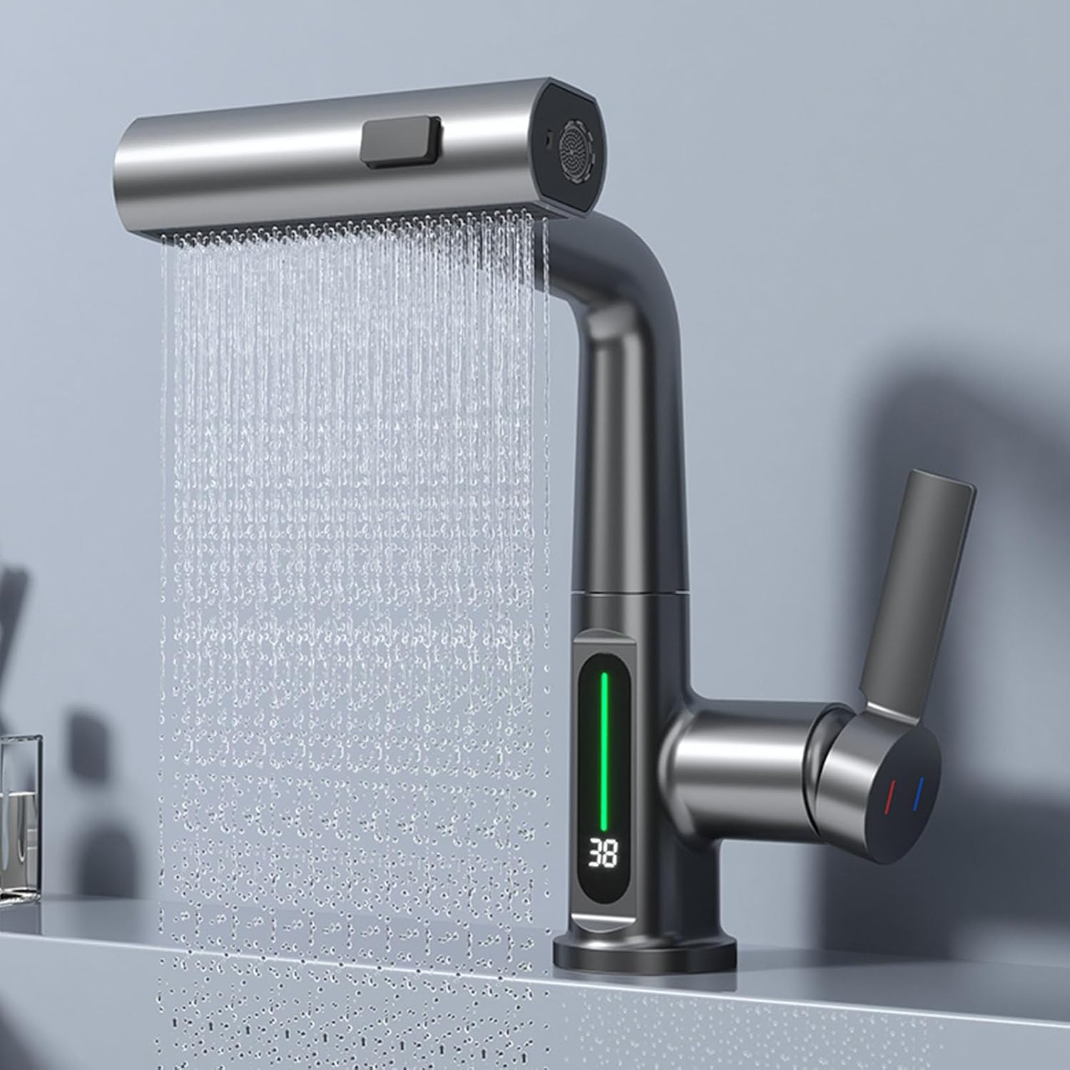 [french Days]robinet De Salle De Bain Avec Affichage De La Température Led, Robinet De Salle De Bain Relevable Avec Pulvérisateur Extractible, Robinet De Salle De Bain En Cascade, Robinet Mitigeur De