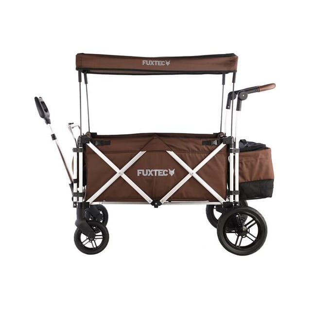 Bollerwagen faltbar in braun mit Dach - Transportwagen klappbar Hecktasche, Komfort-Schiebegriff & Innenraumverlängerung 5-Punkt-Gurt