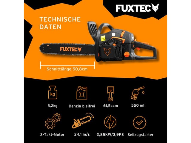 Benzin Kettensäge FX-KS262 – Motorsäge 2,85kw 61,5ccm Hubraum & EASY-Start – Schwertlänge 20 Zoll inkl. Schwertschutz & Tragetasche - Fuxtec