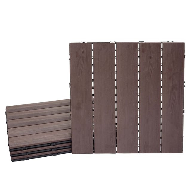 Wpc Bodenfliese HHG-169, Holzoptik Balkon/Terrasse, 3D-Struktur linear 4x je 50x50cm = 1qm, geprägt dunkelbraun