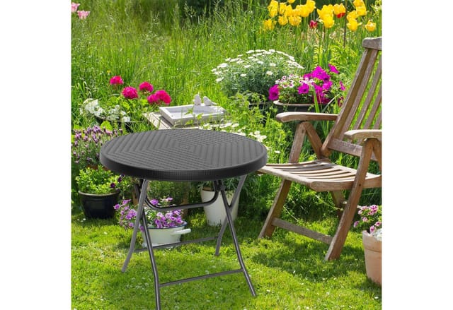 Relaxdays - Gartentisch klappbar bastian, rund h x b x t: 74 x 80 x 80 cm, Metall, Kunststoff, Rattan-Optik, schwarz