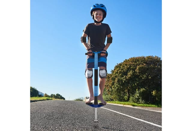 Relaxdays Pogo Stick, für Kinder, Springstock bis 35 kg, gepolststert, Sprungstab outdoor, rutschfest, Edelstahl, blau
