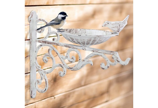 Vogeltränke Gusseisen, Wandmontage, wetterfest, Vintage Vogelbad Wildvögel, Gartendeko, hbt 24x28x14 cm, weiß - Relaxdays