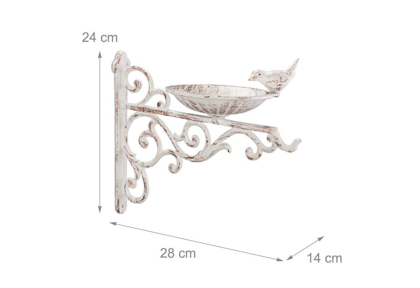 Vogeltränke Gusseisen, Wandmontage, wetterfest, Vintage Vogelbad Wildvögel, Gartendeko, hbt 24x28x14 cm, weiß - Relaxdays Bild 3