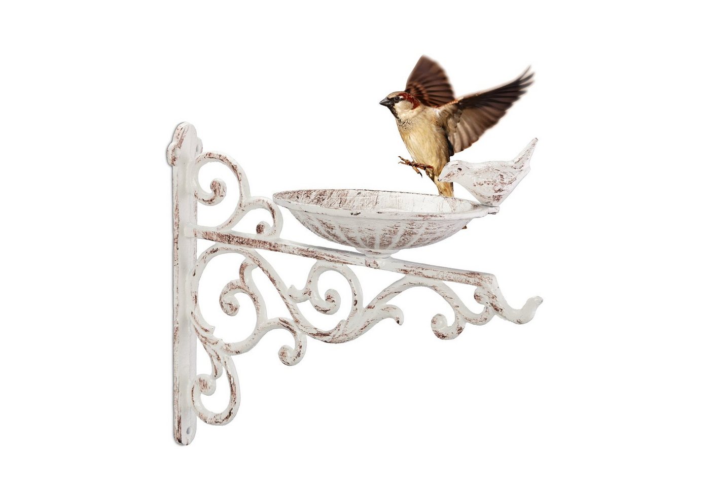 Vogeltränke Gusseisen, Wandmontage, wetterfest, Vintage Vogelbad Wildvögel, Gartendeko, hbt 24x28x14 cm, weiß - Relaxdays Bild 4