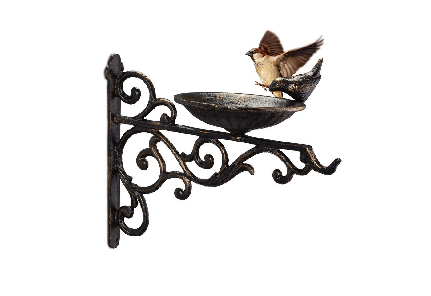Vogeltränke Gusseisen, Wandmontage, wetterfest, Vintage Vogelbad Wildvögel, Gartendeko, hbt 24x28x14cm, bronze - Relaxdays