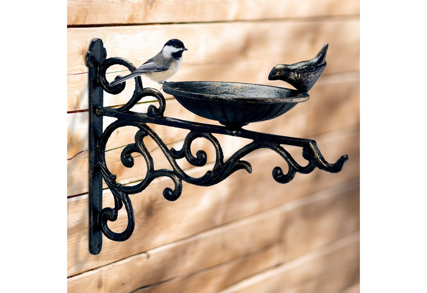 Vogeltränke Gusseisen, Wandmontage, wetterfest, Vintage Vogelbad Wildvögel, Gartendeko, hbt 24x28x14cm, bronze - Relaxdays Bild 3