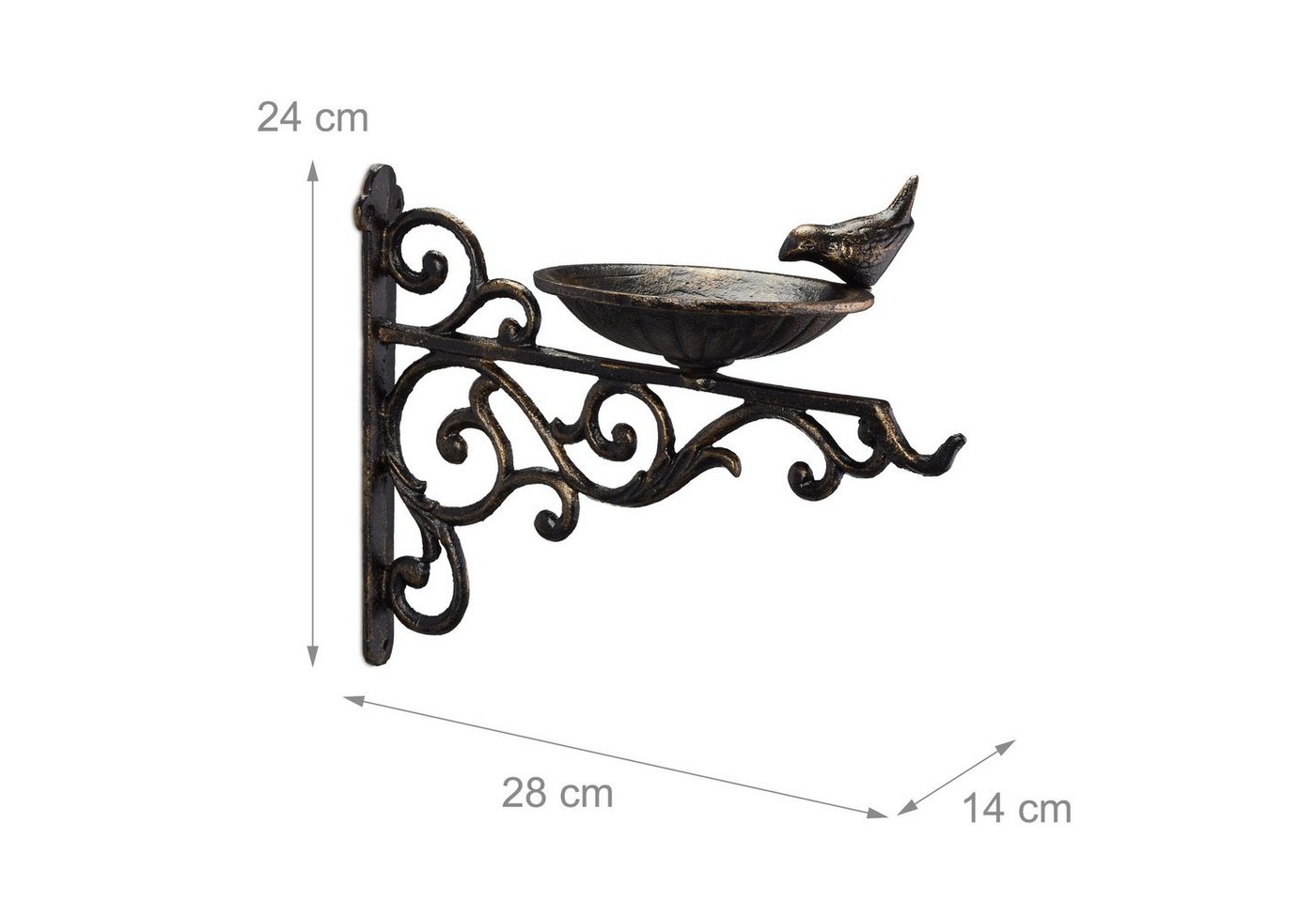 Vogeltränke Gusseisen, Wandmontage, wetterfest, Vintage Vogelbad Wildvögel, Gartendeko, hbt 24x28x14cm, bronze - Relaxdays Bild 4