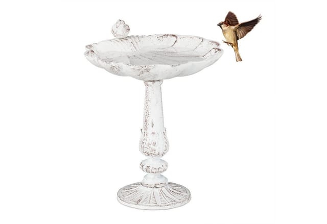 Vogeltränke Gusseisen, Gartendeko antikes Design, Vogelfutterstelle stehend, Wasserschale für Wildvögel, weiß - Relaxdays