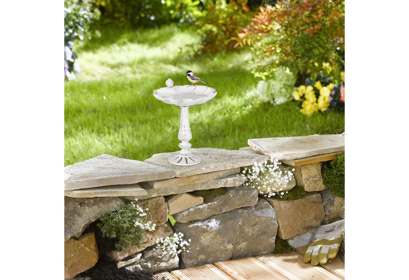 Vogeltränke Gusseisen, Gartendeko antikes Design, Vogelfutterstelle stehend, Wasserschale für Wildvögel, weiß - Relaxdays Bild 3