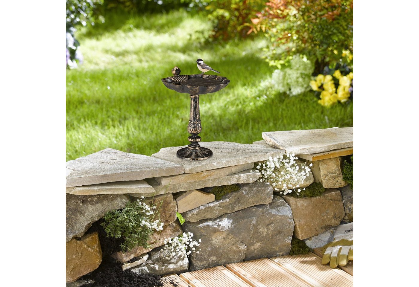 Vogeltränke Gusseisen, Gartendeko antikes Design, Vogelfutterstelle stehend, Wasserschale f. Wildvögel, bronze - Relaxdays Bild 3
