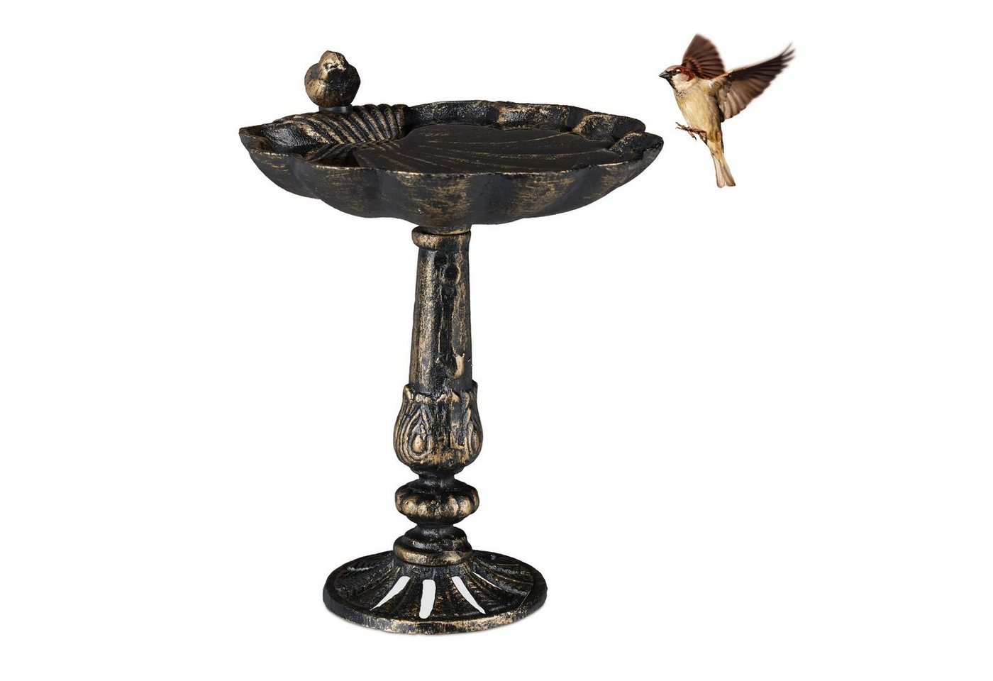 Vogeltränke Gusseisen, Gartendeko antikes Design, Vogelfutterstelle stehend, Wasserschale f. Wildvögel, bronze - Relaxdays Bild 5