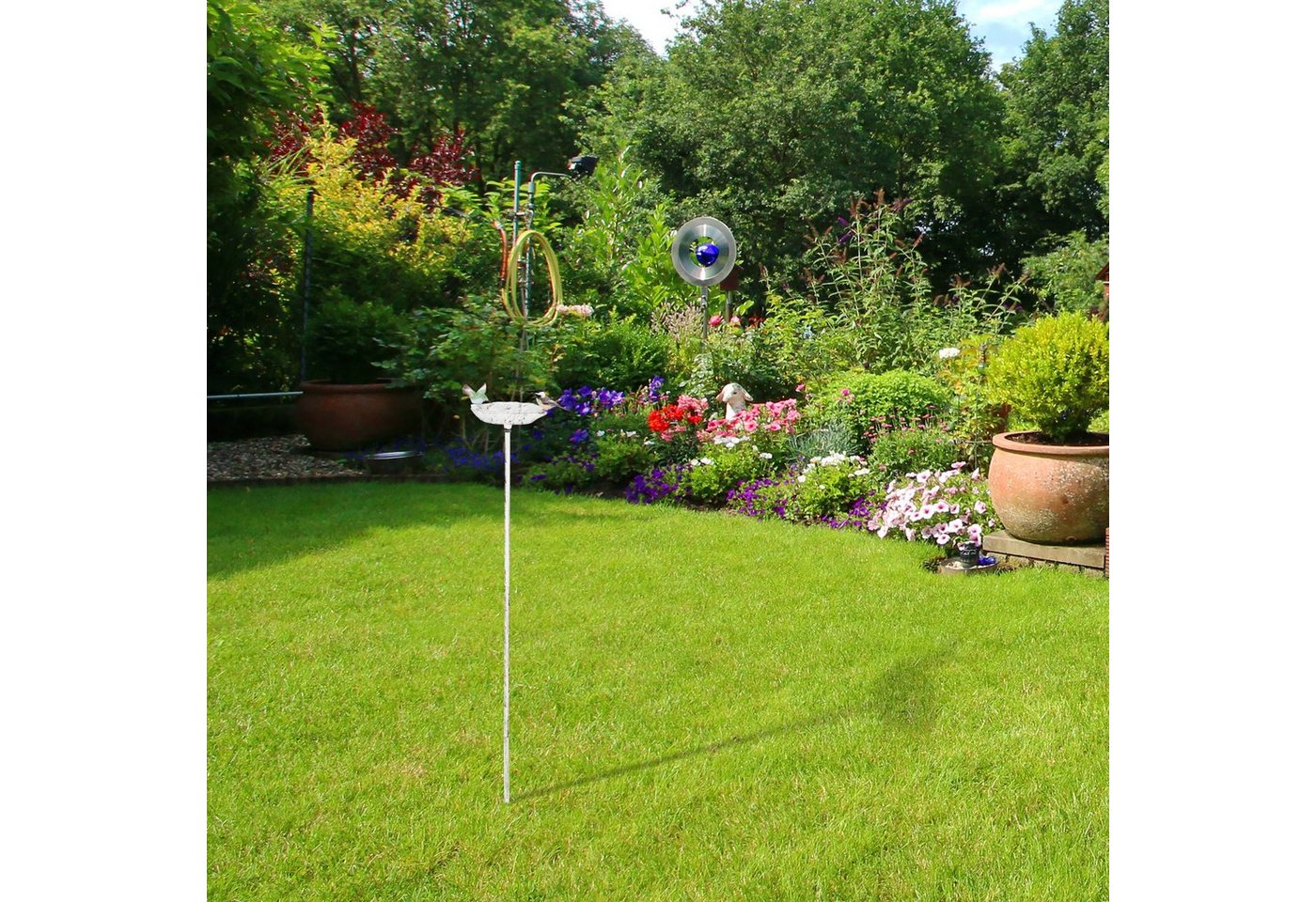 Gusseisen Vogeltränke zum Stecken, mit Erdspieß, Gartendeko, Vogelfutterstelle, Wasserschale 1m hoch, weiß - Relaxdays