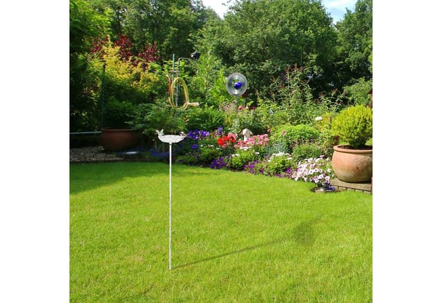 Gusseisen Vogeltränke zum Stecken, mit Erdspieß, Gartendeko, Vogelfutterstelle, Wasserschale 1m hoch, weiß - Relaxdays