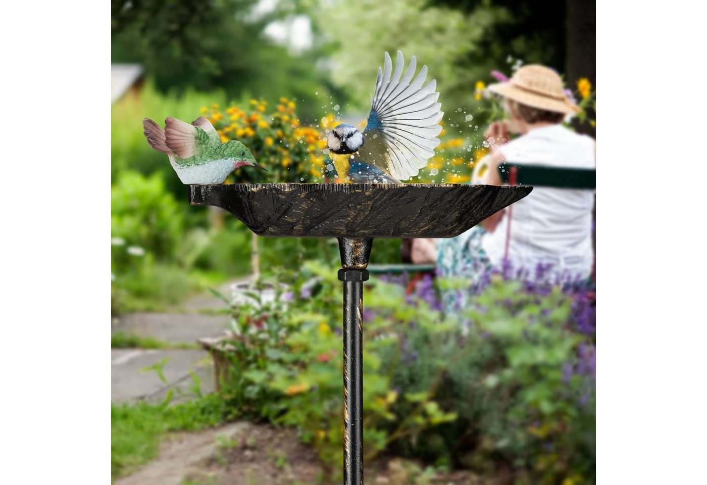 Gusseisen Vogeltränke zum Stecken, mit Erdspieß, Gartendeko, Vogelfutterstelle, Wasserschale 1m hoch, weiß - Relaxdays Bild 3
