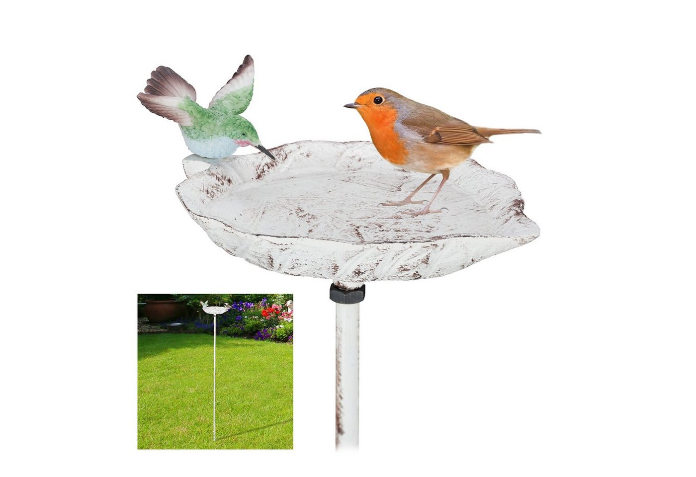 Gusseisen Vogeltränke zum Stecken, mit Erdspieß, Gartendeko, Vogelfutterstelle, Wasserschale 1m hoch, weiß - Relaxdays Bild 5