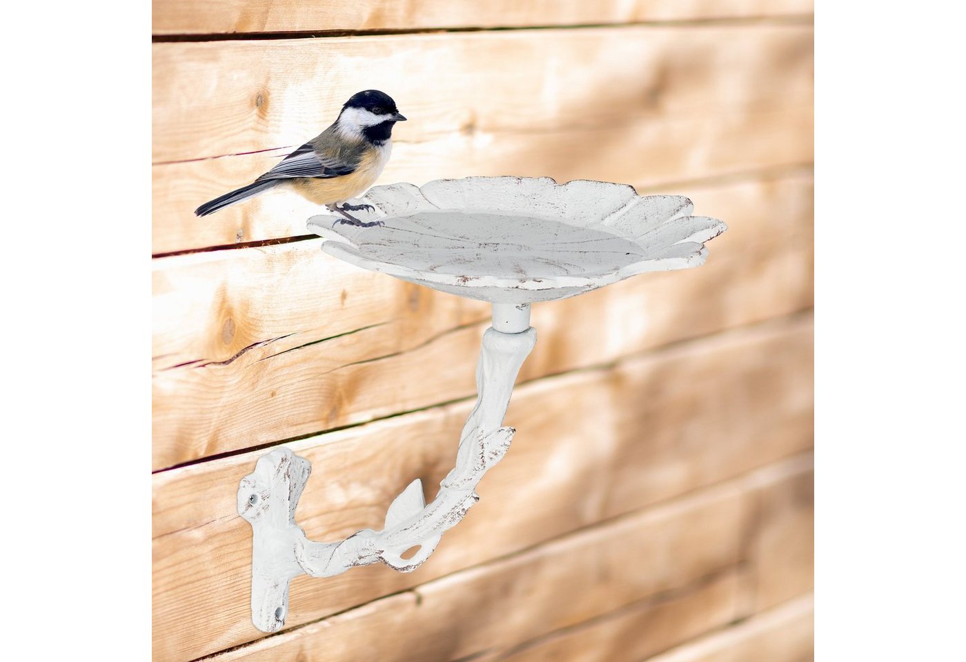 Relaxdays Vogeltränke aus Gusseisen, Blüte, Gartendeko, Wandmontage, Vogelfutterstelle, Wildvögel Wasserschale, weiß Bild 5