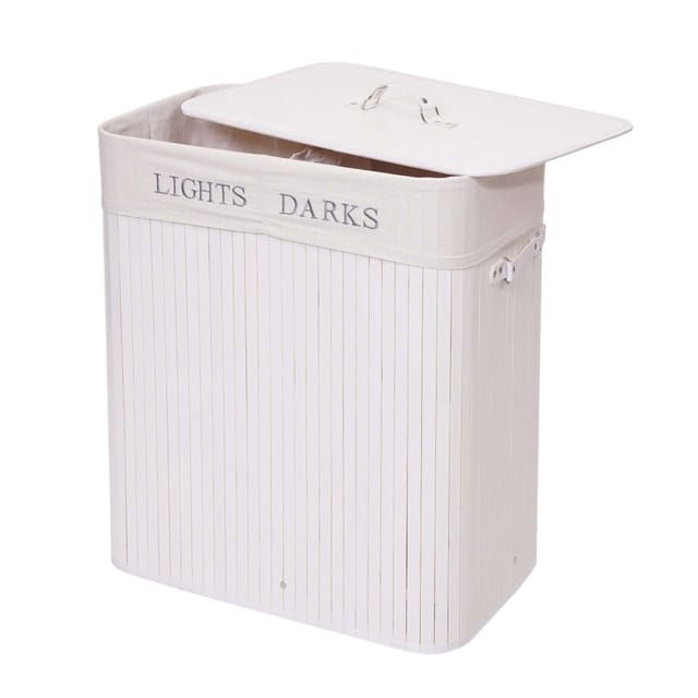 Wäschekorb HHG-153, Laundry Wäschebox Wäschesammler Wäschebehälter, Bambus 2 Fächer 63x55x34cm 100l weiß