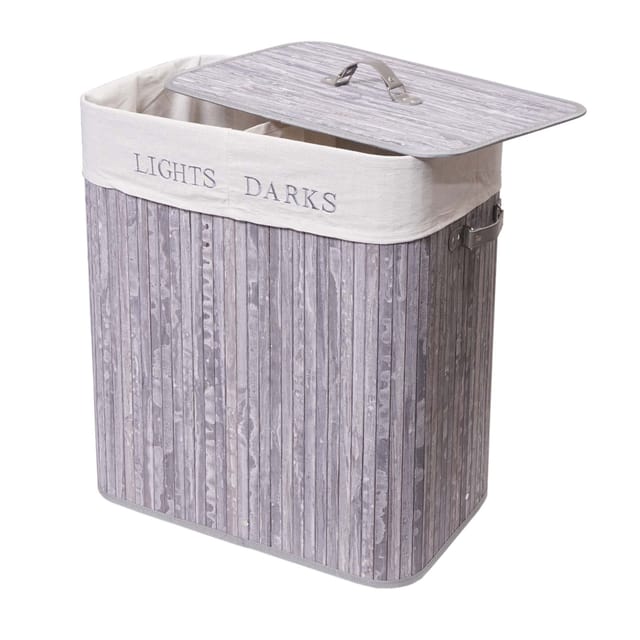 Wäschekorb HHG-153, Laundry Wäschebox Wäschesammler Wäschebehälter, Bambus 2 Fächer 63x55x34cm 100l grau-blau