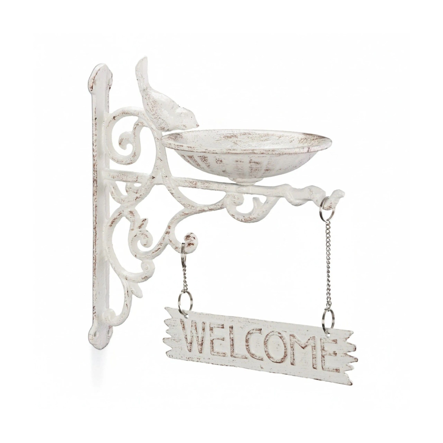 Relaxdays Vogeltränke Gusseisen, WELCOME Schild, Gartendeko, Wandmontage, Vintage, Wasserschale für Wildvögel, weiß