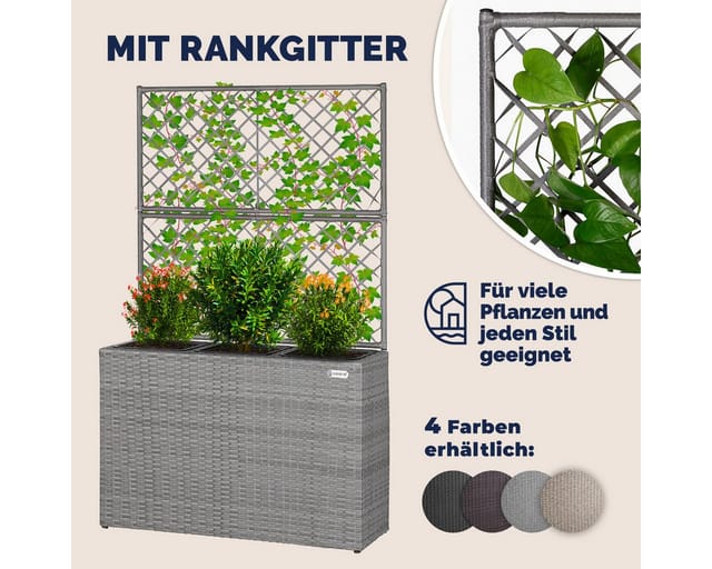 Blumenkasten 3 Innentöpfe Polyrattangeflecht Rankgitter Blumentopf Übertopf Pflanzkübel Pflanzkasten Grau - Casaria