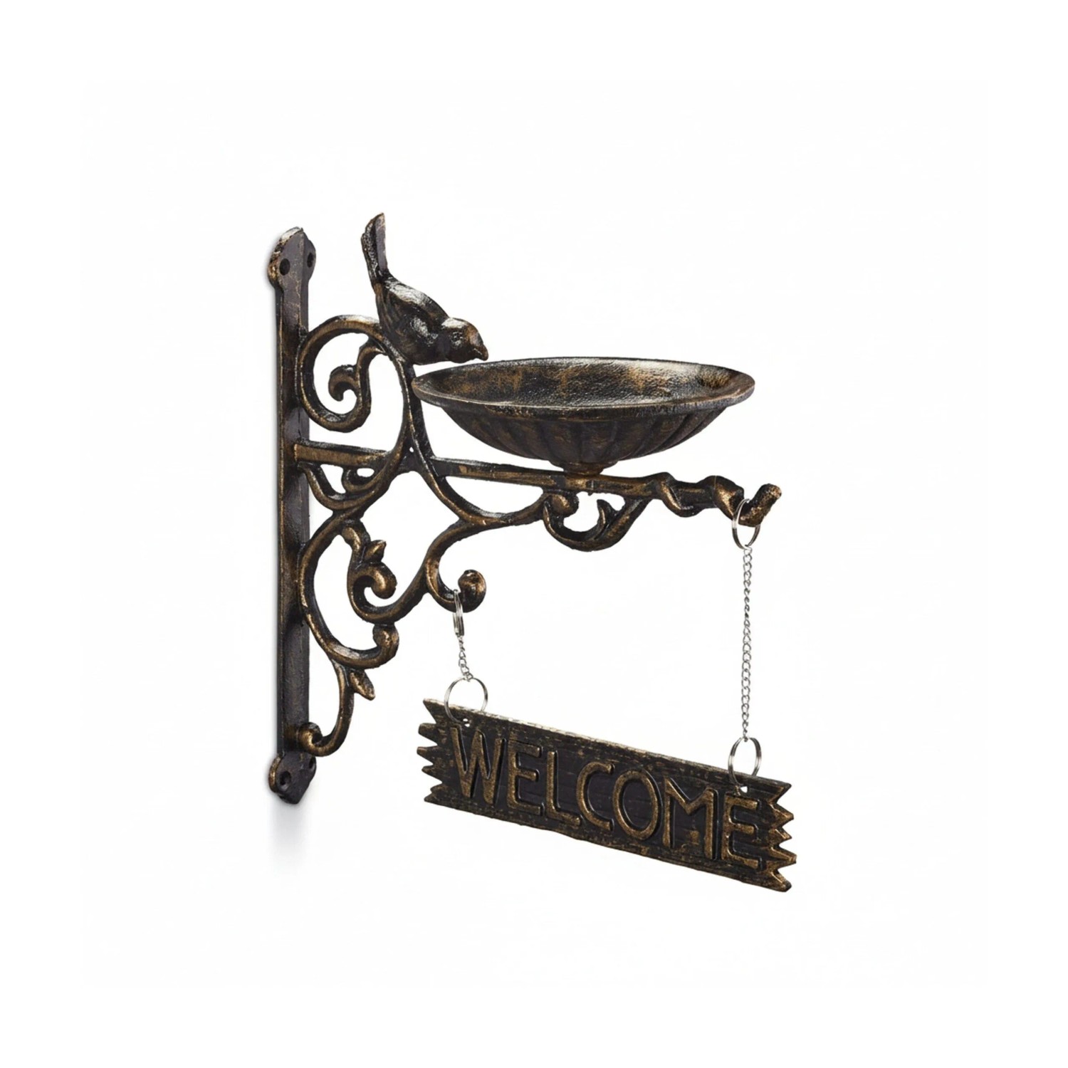 Relaxdays - Vogeltränke Gusseisen, welcome Schild, Gartendeko, Wandmontage, Vintage, Wasserschale für Wildvögel, bronze