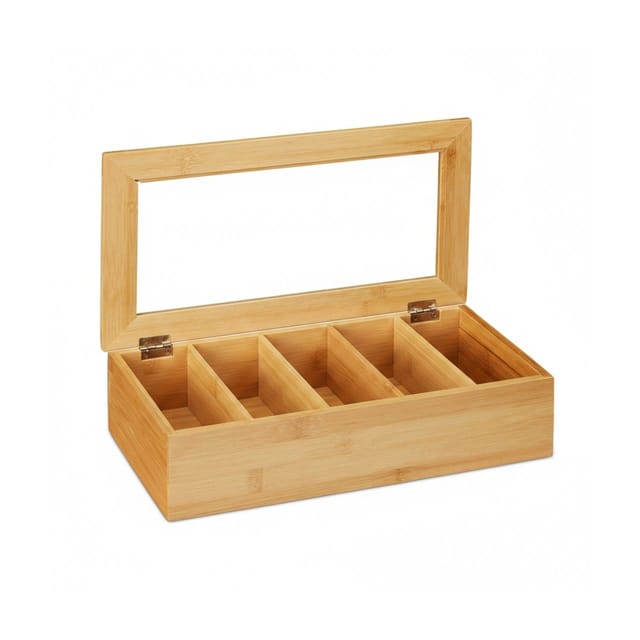 Relaxdays Teebox, 5 Fächer, Bambus, Teekiste mit Sichtfenster, Teebeutel, Kaffeepads, Teekasten HxBxT: 9x37x20 cm, natur