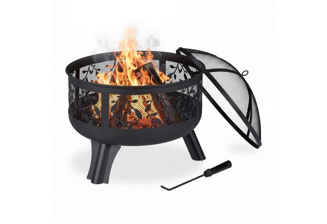Feuerschale mit Funkenschutz, Garten & Terrasse, mit Schürhaken, Outdoor Feuerkorb, HxD: 60 x 60 cm, schwarz - Relaxdays